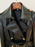 QUALITY Newest 2023 Fall Winter Designer Trench Women's Double Breasted Lion Buttons Synthetic Leather Long Trench