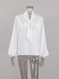 Elegant Bow Tie Women Office Blouse Lace-Up Silky Satin Shirts Ladies Drape Spring 2023 Long Sleeve Career Tops