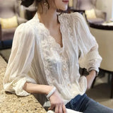 Wind Solid Color Lace Spliced Shirt Spring Autumn Long Sleeve Women's Hollow Out Chic Pearl Button Korean V-Neck Blouse-Outfit