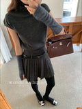 Fongt Xixi 2025 Autumn White Standard Wool Knitted Short Sleeve + High Waist 100 Folded Short Skirt Two Sets 25396