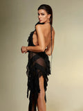 Black Mesh Fringe Ruffle Open Back Midi Dress-Outfit