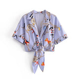2021 Summer Women Print Bow Blue Blouse Long Sleeve Chic Female Crop Shirt Blusas Femininas