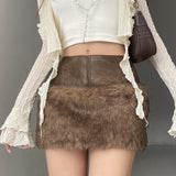 Fongt Cloth Forget Retro Brown Low-Waisted Umbilled Zip Hair Short Skirt Design Leather Splicing Bag Hip Skirt