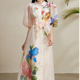 Fongt Elegant Dress Women's Summer Court Wind Strap To The Waist Three-Dimensional Flower Lantern Sleeve Print Mesh Dress