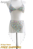 Big Gems Hollow Out Two Piece Set Women Halter Crop Top Long Tassels Mini Skirts 2 Pcs Matching Sets Rave Festival