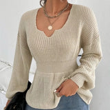 Fongt Sweater Women's Fashion V-Neck Jumper Solid Color Long Sleeve Flounces Closed Waist Women's