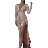 Fongt Dress Dress Tuxeds Slices Waist Deep V Long Sleeve Side Fork Sexy Asymmetric Dress
