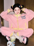 Set Women Vintage Autumn Zipper Jakcet+Joggers Pants Embroidered Letter Loose Korean 2 Pieces Sets Spring Autumn-Outfit