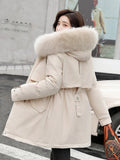 Hooded Jacket Woman Warm Fur Lining Cotton Padded Parka Female Drawstring Basic Coat Windproof Women Jacket