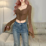 Fongt 2023 New Women's Solid Color Irregular Sleeve Drawn Pleated Rope Fish Bone Waist Exposed Umbilical T-Shirt-Outfit
