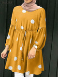 ZANZEA Women Polka Dots Printed Muslim Blouse Lace-Up Puff Sleeve Islamic Clothing Elagant Casual Dubai Marocain Turkish Tops 1028-0-Outfit