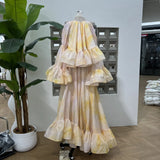 Spring Atmosphere Super Beautiful Age Reduction Lotus Leaf Side Dyed Shoulder Horn Long Sleeve Top + Irregular Long