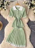 Fongt Style POLO Collar Short-Sleeved Top + High-Waisted 100-Folded Skirt Knitted Two-Piece Suit Woman