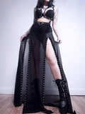 Y2K Gothic Black Side Split Long Maxi Skirts Streetwear 2023 High Waist Mesh See Through Party Clubwear Button Skirts-Outfit