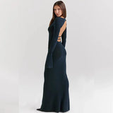 Blue Bodycon Long Sleeve Backless Maxi Dress-Outfit