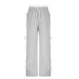 Grey Stripe Ribbon Drawstring Sweatpants-Outfit
