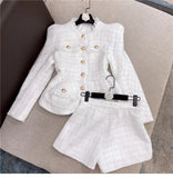 Fongt New Autumn And Winter Small Fragrant White Bright Silk Coarse Flowers Jacket Shorts Set Two Sets