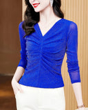 Photos Shinning Mesh Top Tshirt Women Pleated V Neck Long Sleeve Hot Pressing Ringstones Stretchy Tees T-Shirts-Outfit