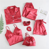 Spring 7 Pieces Set Silk Elegant Women Pajamas stripe Shorts Long Sleeve Tops Elastic Waist Pants Full Lounge