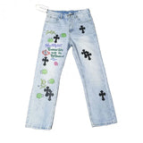 New Crowne Loose Printed Jeans Cross Leisure Straight Tube Loose White Washed Trousers-Outfit