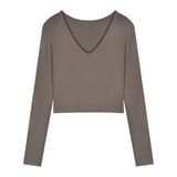 Fongt Women's Short Slim Long Sleeve With Bottom Shirt Autumn 2024 New Sexy V-Neck Collarbone Student Top