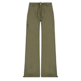 Women's Pocket Casual Pant Vintage Fashion Self Cultivation Low Rise Waist Straight Drawstring Trouser Simple Casual Cargo