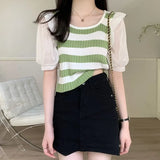 Fongt Bump Striped Short-Sleeved Knitted Shirt Women's Thin Summer Design Sense Of Small Unique Special Loose