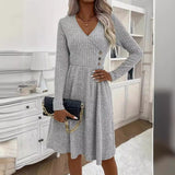 Fongt 2025 Autumn And Winter Fashion Temperament Pure Color V-Neck Spliced Sweater Dress