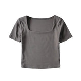 Solid Color Square Neckline Navel Women's Short Sleeves Summer High Waist Thin T-Shirt Cotton Large Neckline Slim Blouse-Outfit