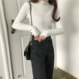 Fongt Winter Half-High Sweater Women Long Sleeve Pure Color Spring And Autumn Pit Stripe Loose Knitted Bottom