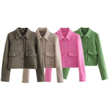 Spring New Casual Loose Solid Color Short Tweed Coat-Outfit