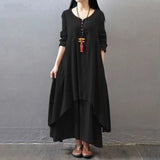 Fongt Spring And Autumn New Fake Two Long Dress Literary And Wide Linen Dress Loose Long-Sleeved Solid Cotton Dress