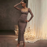 Fongt 2024 New Long-Sleeved Sling Temperament Show Back Tight Open Fork Long Dress