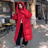 High-End Long Down Jacket Female 2024 Winter New Korean Version Fashion Thickened Large Pocket Over The Knee Warm Coat Large Size-Outfit