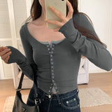 Small Number Of Hot Girls Press Button Low-Collar Retro Cardigan Blouse Women's Autumn New Style Long-Sleeved T-Shirt-Outfit