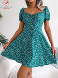 Women Summer Print A-Line Dress Shrinkage Design Bandage Decor Square Collar Flare Sleeve High Waist Slim Mini