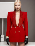Famous Wind Deep V-Rece Collar Waist Suit Suit 2025 Summer New Temperament Heavy Industry Hot Diamond Design Suit Jacket