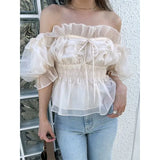 Mesh Bubble Sleeve Blusas Mujer Off-shoulder Shirts Blouses Lace Up Bow Camisas Spring Summer 2024 Tops Tunic Ropa-Outfit
