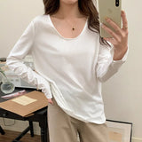 T-Shirt Women's Long-Sleeved Undershirt Cotton Loose Open Collarbone U-Collar Blouse-Outfit