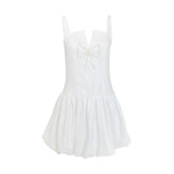 White Cream Sequin Pearl Bow Puff Skirt Mini Dress-Outfit