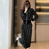 Plaid Sweaters 2 Piece Sets Women Causal Half Turtleneck Knit Pullover Tracksuit Slim High Waist Knitwear Skirts