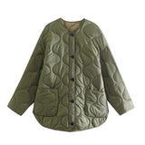 Women Fashion Patch Pockets Oversized Padded Jacket Coat Vintage Long Sleeve Button-up Female Outerwear Chic