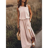 Fongt 2025 Summer Women's Fashion Trend Retro Round-Neck Sleeveless Forked Solid Color Two-Piece