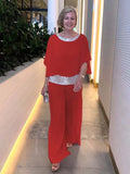 Fongt New Solid-Color Suit Round-Collar Sleb Set Of Bright Bat Shirt Wide Leg Trousers Set For Women