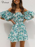 Summer Dress Women 2022 Elegant Beach Floral Slash Neck Ruffle Short Robe Party Night Sexy Boho Casual Vestido