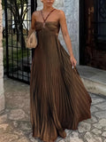 Fongt Women's Dress Sweet Sexy Slings With Chest Pressure Folds Big Pendulum Dress Solid Color Woman 8135