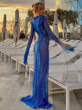 Through Maxi Dresses for Women 2023 V Neck Split Bodycon Mesh Dress Long Sleeve See Through Cover-Ups for Beach