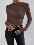 Fongt Solid Color Trim Bottom Shirt Folding Design Long-Sleeved T-Shirt Lady
