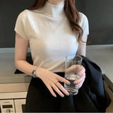 Knitted T-shirts Turnelneck Tees Plain Solid Knitted Short Sleeve Casual O-neck T-Shirts For Women 2020