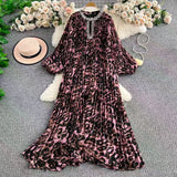 Fongt Elegant Dress Women Fashion Nail Drill Hollow Round Long Sleeves Loose Thin Leopard Embossed Skirt